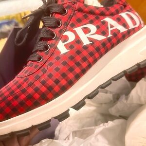 Prada Red and Black Checkered Sneakers